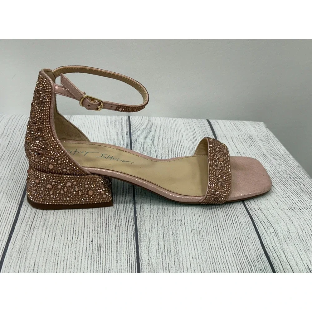 Betsey‎ Johnson Grant Heels Womens 8.5 Pink Rhinestone Ankle Strap Block Prom